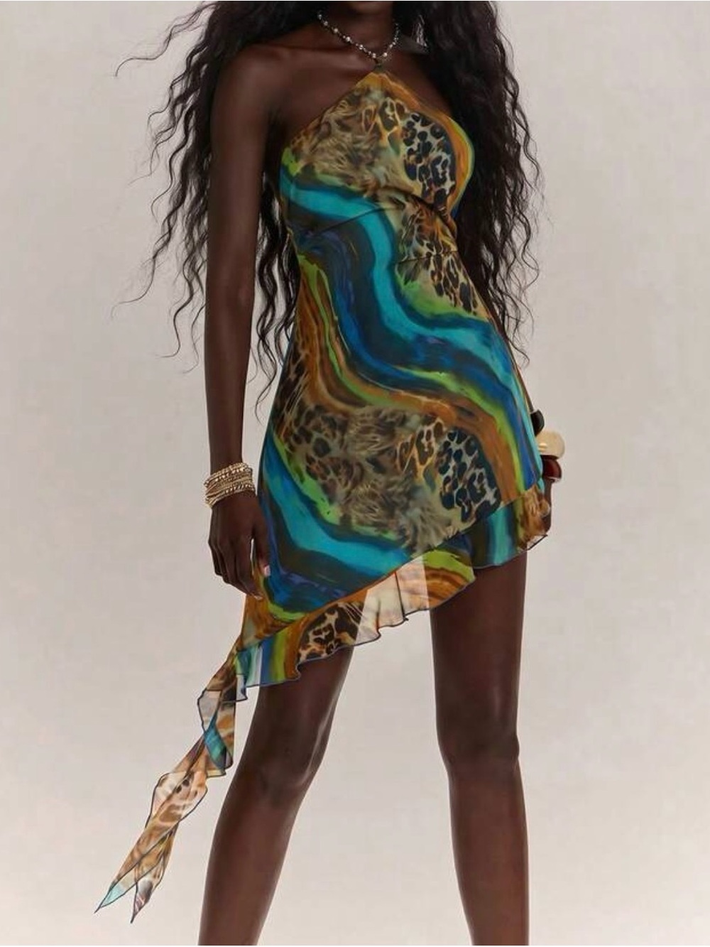 Asymmetric Strapless Mini Dress in Teal & Brown Animal Print